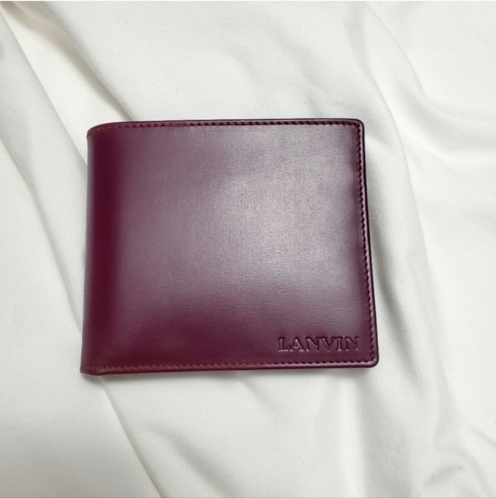 Authentic LANVIN PARIS Bifold Wallet Burgundy Leather Gold Logo France